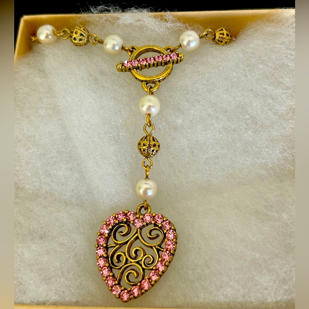1928 drop statement necklace with simulated pearls and pink rhinestones